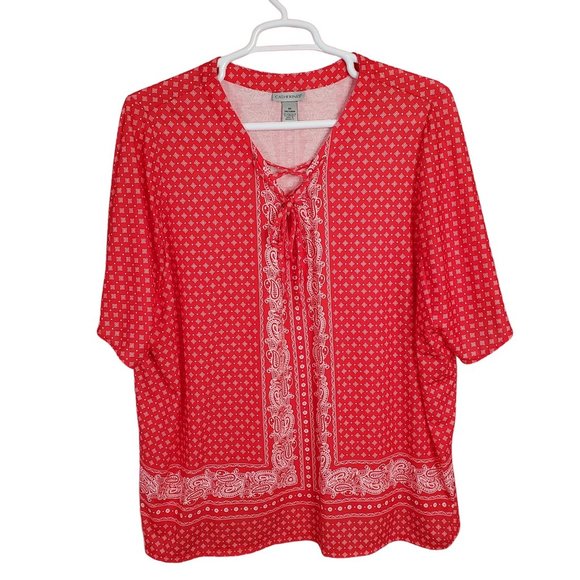 Catherines Size 3X 26/28W Blouse Pullover Stretch Paisley Lace Up Tunic Red - Picture 2 of 10